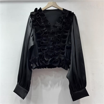 EWQ ikdienišķa 3D volānveida sieviešu blūze ar V veida kakla izgriezumu garām piedurknēm vienkrāsains brīvi pieguļošs modes apģērbs 2024. gada rudens jauns 27X1231