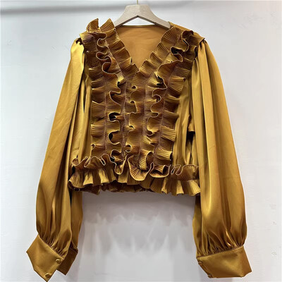 EWQ ikdienišķa 3D volānveida sieviešu blūze ar V veida kakla izgriezumu garām piedurknēm vienkrāsains brīvi pieguļošs modes apģērbs 2024. gada rudens jauns 27X1231