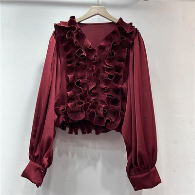 EWQ ikdienišķa 3D volānveida sieviešu blūze ar V veida kakla izgriezumu garām piedurknēm vienkrāsains brīvi pieguļošs modes apģērbs 2024. gada rudens jauns 27X1231