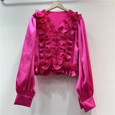 EWQ ikdienišķa 3D volānveida sieviešu blūze ar V veida kakla izgriezumu garām piedurknēm vienkrāsains brīvi pieguļošs modes apģērbs 2024. gada rudens jauns 27X1231