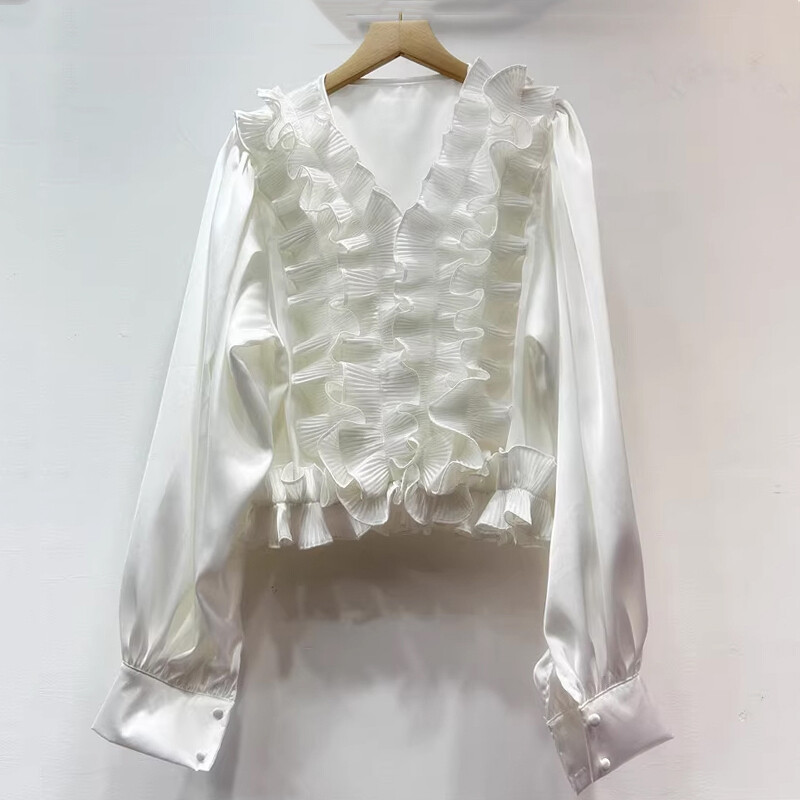 EWQ ikdienišķa 3D volānveida sieviešu blūze ar V veida kakla izgriezumu garām piedurknēm vienkrāsains brīvi pieguļošs modes apģērbs 2024. gada rudens jauns 27X1231