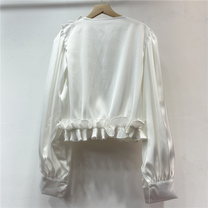 EWQ ikdienišķa 3D volānveida sieviešu blūze ar V veida kakla izgriezumu garām piedurknēm vienkrāsains brīvi pieguļošs modes apģērbs 2024. gada rudens jauns 27X1231