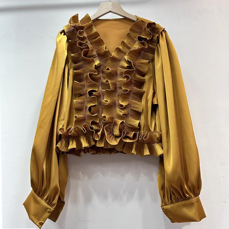 EWQ ikdienišķa 3D volānveida sieviešu blūze ar V veida kakla izgriezumu garām piedurknēm vienkrāsains brīvi pieguļošs modes apģērbs 2024. gada rudens jauns 27X1231