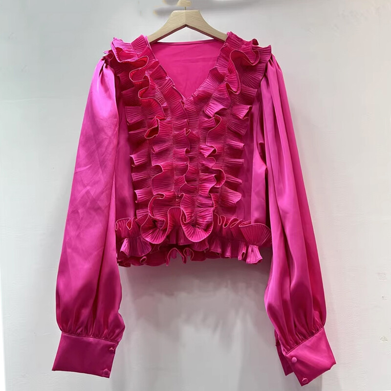 EWQ ikdienišķa 3D volānveida sieviešu blūze ar V veida kakla izgriezumu garām piedurknēm vienkrāsains brīvi pieguļošs modes apģērbs 2024. gada rudens jauns 27X1231