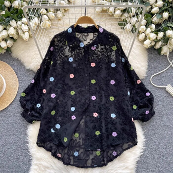 Neploe Socialite Style High-End Puff Sleeve Shirt Femme 2024 Autumn Flower Mesh Embroidery Hold Out Unique Temperament Blouses