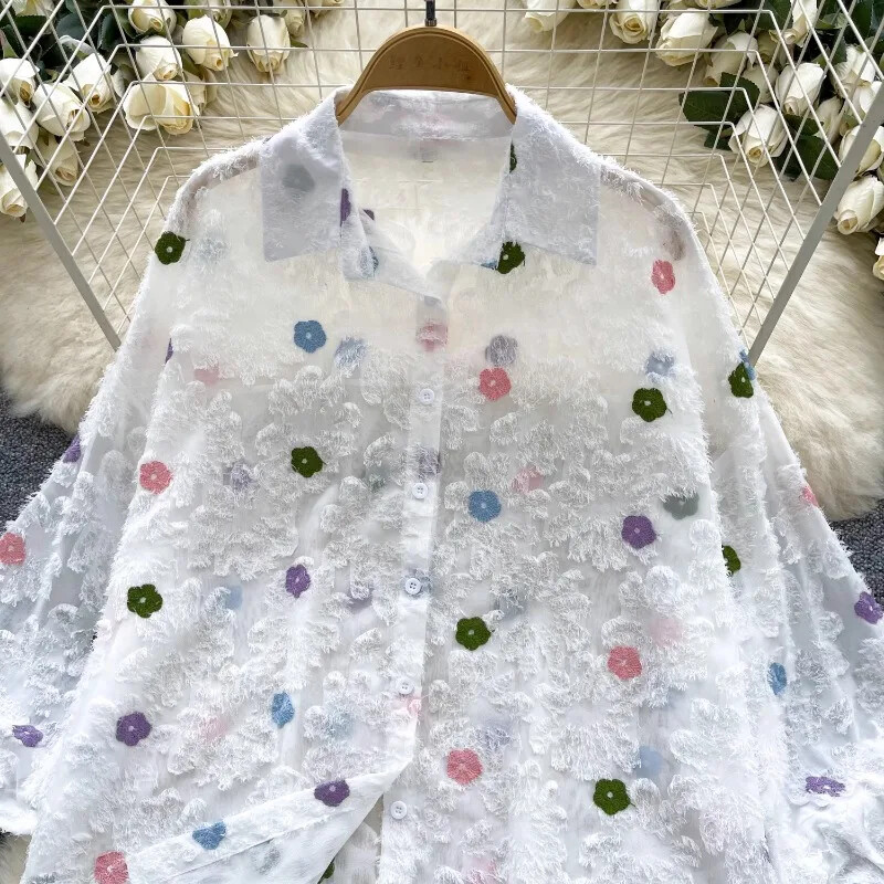 Γυναικείο πουκάμισο με ψηλό μανίκι Neploe Socialite 2024 Φθινοπωρινό λουλουδάτο διχτυωτό κέντημα Μπλούζες με μοναδικό ταμπεραμέντο