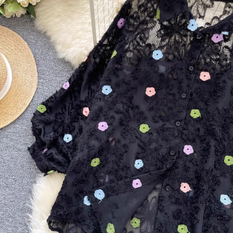 Γυναικείο πουκάμισο με ψηλό μανίκι Neploe Socialite 2024 Φθινοπωρινό λουλουδάτο διχτυωτό κέντημα Μπλούζες με μοναδικό ταμπεραμέντο