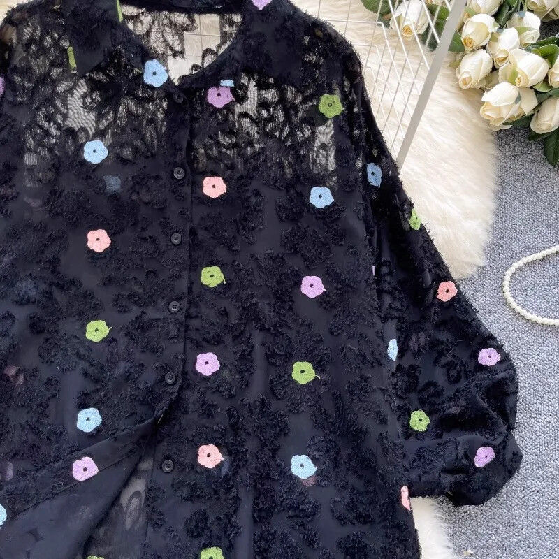 Γυναικείο πουκάμισο με ψηλό μανίκι Neploe Socialite 2024 Φθινοπωρινό λουλουδάτο διχτυωτό κέντημα Μπλούζες με μοναδικό ταμπεραμέντο