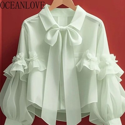 OCEANLOVE kevadsügises vibupluusid soliidsed volangid Vintage armsad naiste särgid Korea moe puhvis varrukas Elegantne Camisas