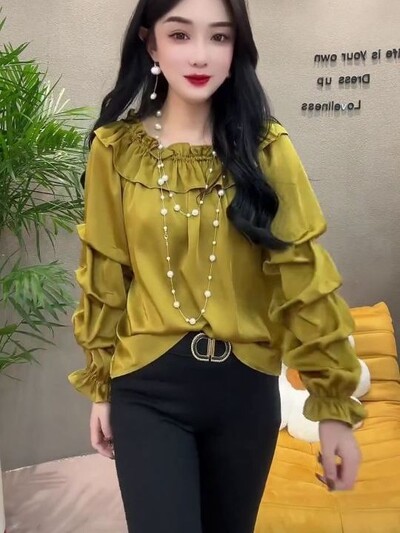 Pavasara rudens modes viena pleca, garām piedurknēm, masīvām ēdamo koku sēnīšu blūzes, sieviešu apģērbi, ikdienas, saldie krekli