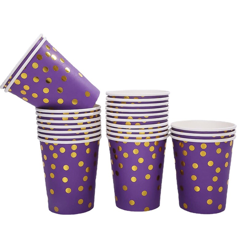 8gab Jauns purpursarkans dzimšanas dienas ballīšu uzvalks, zeltīts, vienreizējās lietošanas papīra paplāte Papīra glāze papīra dvielis Daudz laimes dzimšanas dienas ballītes dekors