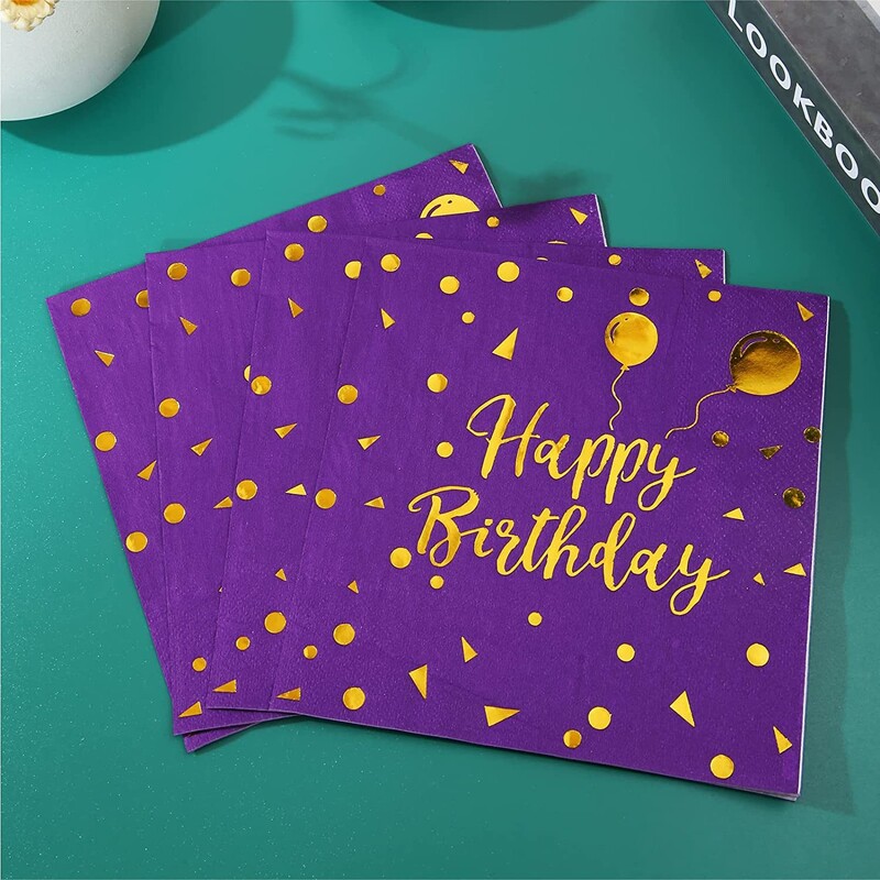 8gab Jauns purpursarkans dzimšanas dienas ballīšu uzvalks, zeltīts, vienreizējās lietošanas papīra paplāte Papīra glāze papīra dvielis Daudz laimes dzimšanas dienas ballītes dekors
