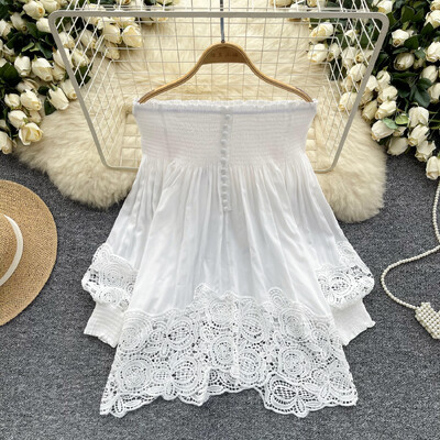 Κομψό, σέξι και κομψή δαντέλα από ώμους, μπλουζάκι με βολάν με φαναράκι PATCHWORK Top Korean Fairy Top καλοκαιρινό γλυκό Γυναίκα