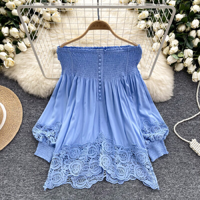 Κομψό, σέξι και κομψή δαντέλα από ώμους, μπλουζάκι με βολάν με φαναράκι PATCHWORK Top Korean Fairy Top καλοκαιρινό γλυκό Γυναίκα