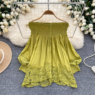 Κομψό, σέξι και κομψή δαντέλα από ώμους, μπλουζάκι με βολάν με φαναράκι PATCHWORK Top Korean Fairy Top καλοκαιρινό γλυκό Γυναίκα