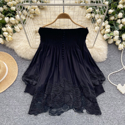 Κομψό, σέξι και κομψή δαντέλα από ώμους, μπλουζάκι με βολάν με φαναράκι PATCHWORK Top Korean Fairy Top καλοκαιρινό γλυκό Γυναίκα