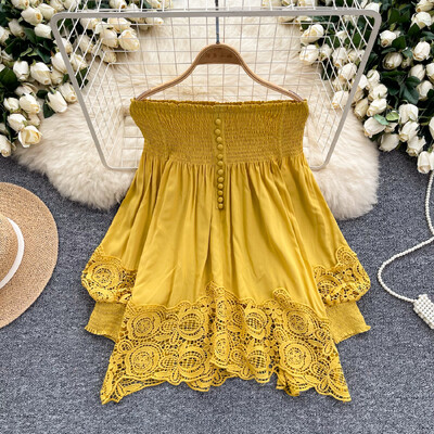 Κομψό, σέξι και κομψή δαντέλα από ώμους, μπλουζάκι με βολάν με φαναράκι PATCHWORK Top Korean Fairy Top καλοκαιρινό γλυκό Γυναίκα