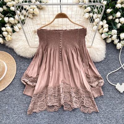 Κομψό, σέξι και κομψή δαντέλα από ώμους, μπλουζάκι με βολάν με φαναράκι PATCHWORK Top Korean Fairy Top καλοκαιρινό γλυκό Γυναίκα