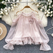 Vintage modes uzplaiksnāmas piedurknes, pavadas, gadījuma rakstura krelles no pleciem, seksīgs tops, tievs, izliekts elegants sieviešu Harajuku ielas apģērba blūze