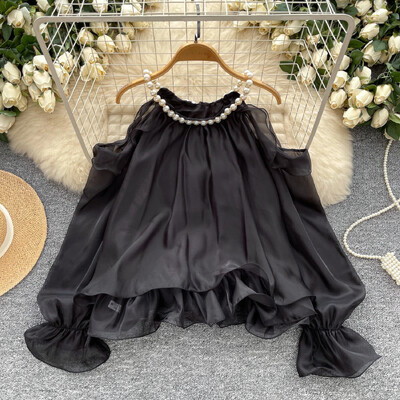 Vintage modes uzplaiksnāmas piedurknes, pavadas, gadījuma rakstura krelles no pleciem, seksīgs tops, tievs, izliekts elegants sieviešu Harajuku ielas apģērba blūze