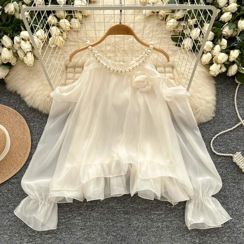 Vintage modes uzplaiksnāmas piedurknes, pavadas, gadījuma rakstura krelles no pleciem, seksīgs tops, tievs, izliekts elegants sieviešu Harajuku ielas apģērba blūze