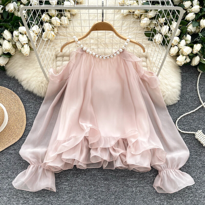 Vintage modes uzplaiksnāmas piedurknes, pavadas, gadījuma rakstura krelles no pleciem, seksīgs tops, tievs, izliekts elegants sieviešu Harajuku ielas apģērba blūze