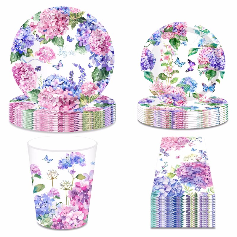 Ορτανσία Floral Purple Party Σετ σερβίτσια μιας χρήσης Χάρτινα πιάτα Φλιτζάνια Χαρτοπετσέτες Mexican Cinco De Mayo Διακόσμηση σερβίτσιο για πάρτι