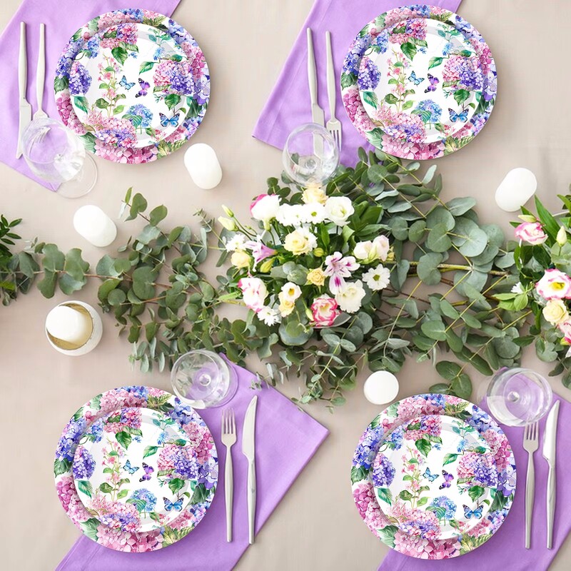 Ορτανσία Floral Purple Party Σετ σερβίτσια μιας χρήσης Χάρτινα πιάτα Φλιτζάνια Χαρτοπετσέτες Mexican Cinco De Mayo Διακόσμηση σερβίτσιο για πάρτι
