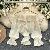 Elegáns, csípős fodros, lezser, hosszú, lobogó ujjú, szexi váll nélküli utcai ruha High Street női Vintage tavaszi őszi rövid blúz