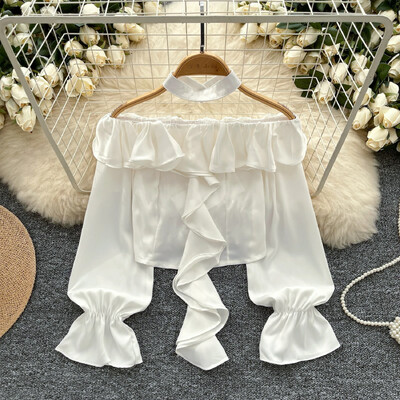 Elegáns, csípős fodros, lezser, hosszú, lobogó ujjú, szexi váll nélküli utcai ruha High Street női Vintage tavaszi őszi rövid blúz