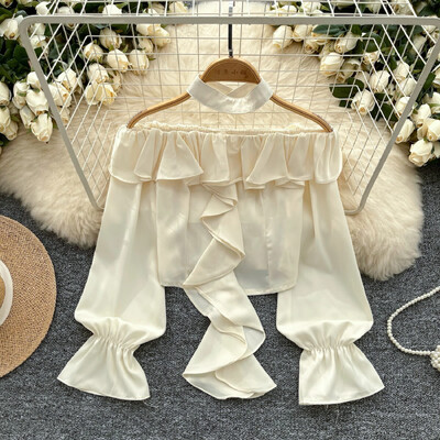 Elegáns, csípős fodros, lezser, hosszú, lobogó ujjú, szexi váll nélküli utcai ruha High Street női Vintage tavaszi őszi rövid blúz