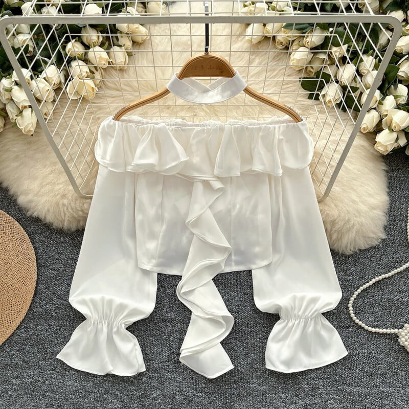 Elegáns, csípős fodros, lezser, hosszú, lobogó ujjú, szexi váll nélküli utcai ruha High Street női Vintage tavaszi őszi rövid blúz