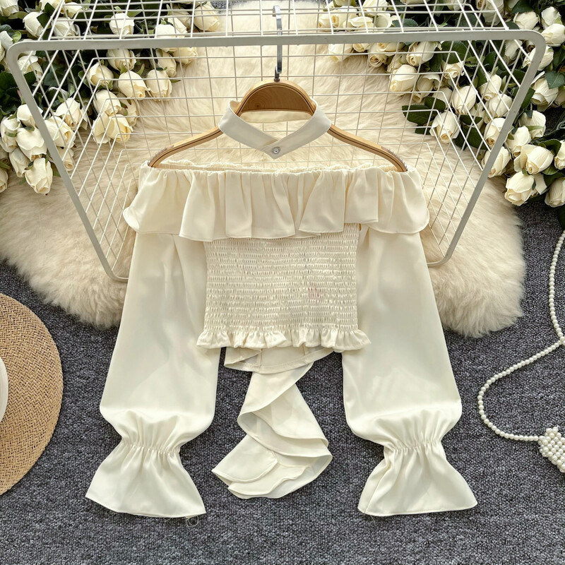 Elegáns, csípős fodros, lezser, hosszú, lobogó ujjú, szexi váll nélküli utcai ruha High Street női Vintage tavaszi őszi rövid blúz