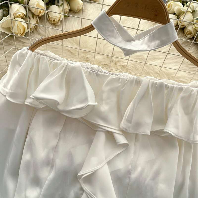 Elegáns, csípős fodros, lezser, hosszú, lobogó ujjú, szexi váll nélküli utcai ruha High Street női Vintage tavaszi őszi rövid blúz