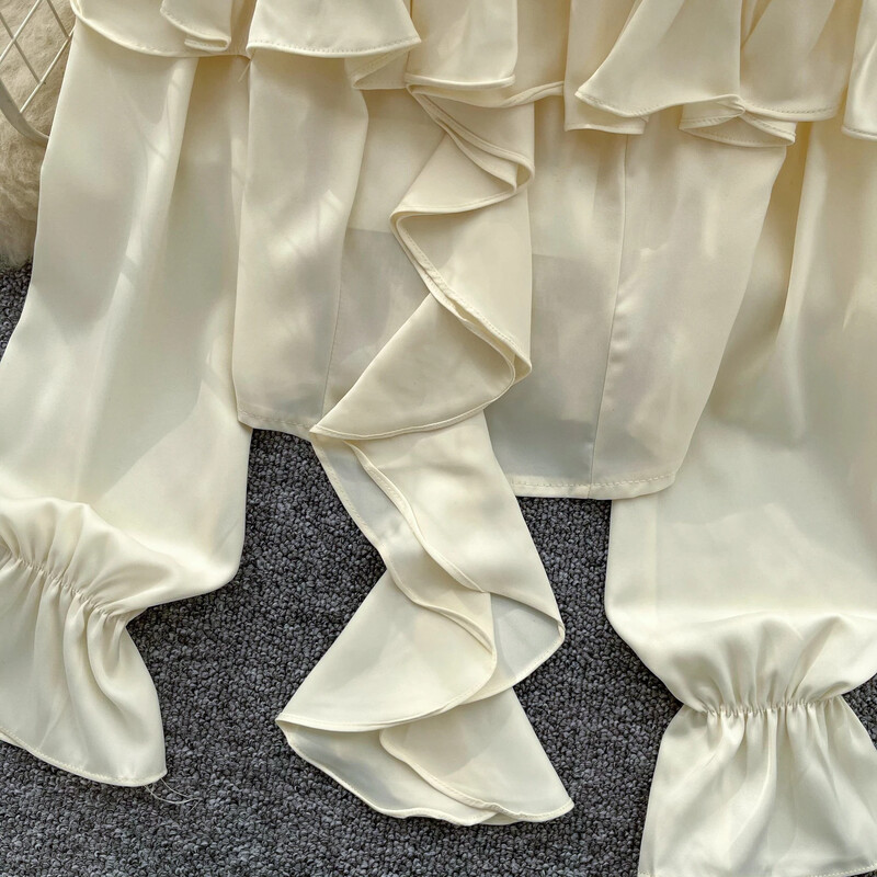 Elegáns, csípős fodros, lezser, hosszú, lobogó ujjú, szexi váll nélküli utcai ruha High Street női Vintage tavaszi őszi rövid blúz