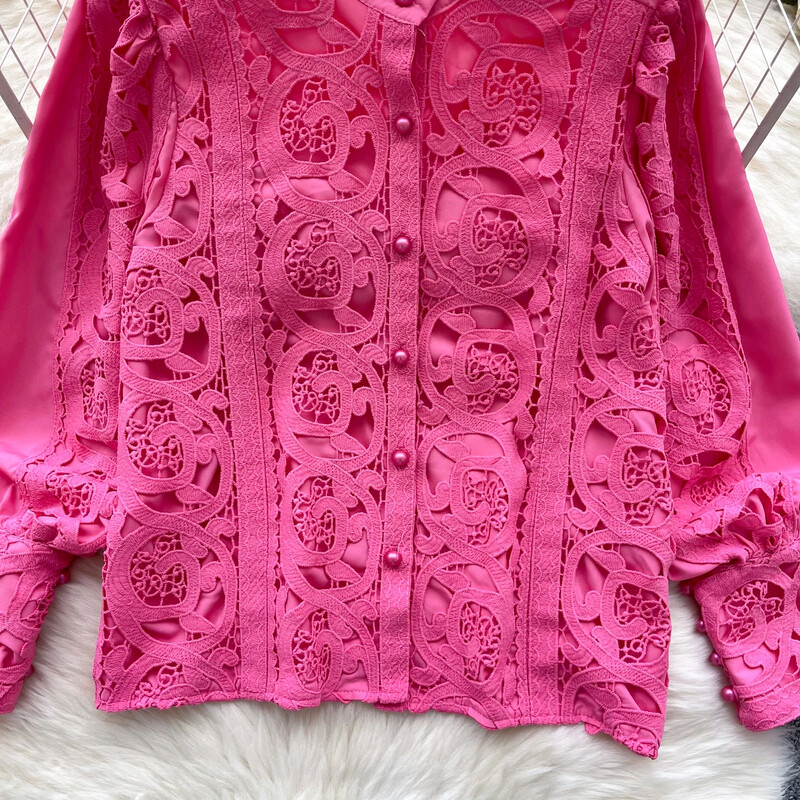 Eleganta, ar garām laternas piedurknēm ikdienišķa plāna, vienrindu pamati dobi mežģīnes High Street biroja dāmu vintage pavasara vasaras blūze