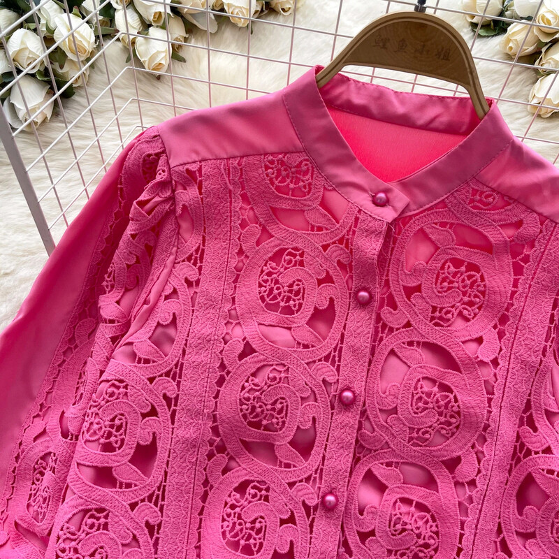 Eleganta, ar garām laternas piedurknēm ikdienišķa plāna, vienrindu pamati dobi mežģīnes High Street biroja dāmu vintage pavasara vasaras blūze