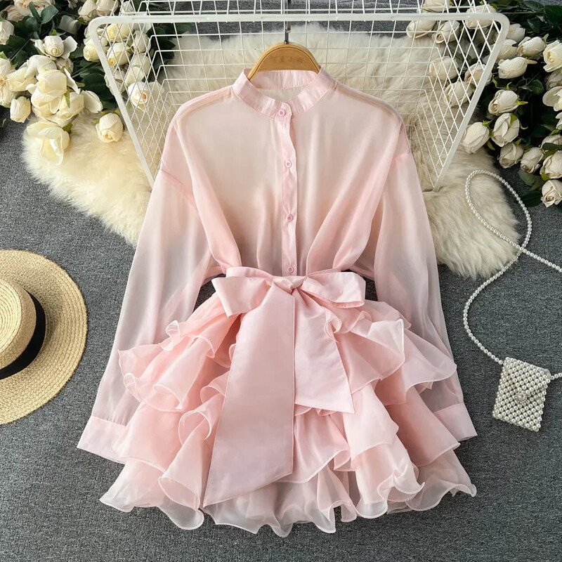 Chiffon French Chic Κομψές Γυναικείες Μπλούζες Ανοιξιάτικη μακρυμάνικη λαιμόκοψη μονόχρωμη γυναικεία μπλούζα μακρύ πουκάμισο βολάν Γυναικεία μπλούζα