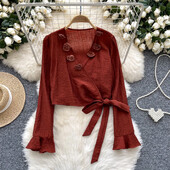 Szexi Vintage V-nyakú, hosszú ujjú kötés Aszimmetrikus virágos alkalmi karcsú, elegáns női koreai utcai ruha tavaszi őszi női blúz