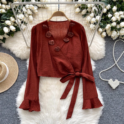 Szexi Vintage V-nyakú, hosszú ujjú kötés Aszimmetrikus virágos alkalmi karcsú, elegáns női koreai utcai ruha tavaszi őszi női blúz