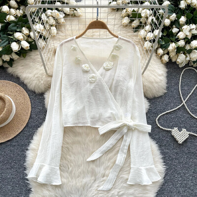 Szexi Vintage V-nyakú, hosszú ujjú kötés Aszimmetrikus virágos alkalmi karcsú, elegáns női koreai utcai ruha tavaszi őszi női blúz