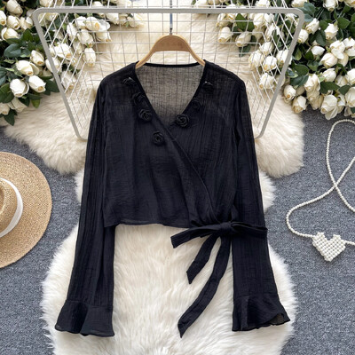 Szexi Vintage V-nyakú, hosszú ujjú kötés Aszimmetrikus virágos alkalmi karcsú, elegáns női koreai utcai ruha tavaszi őszi női blúz