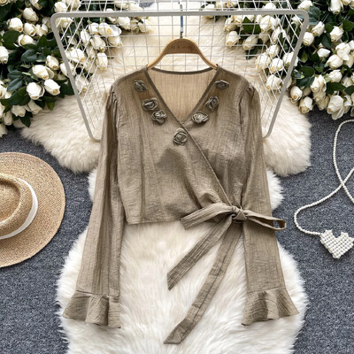 Szexi Vintage V-nyakú, hosszú ujjú kötés Aszimmetrikus virágos alkalmi karcsú, elegáns női koreai utcai ruha tavaszi őszi női blúz