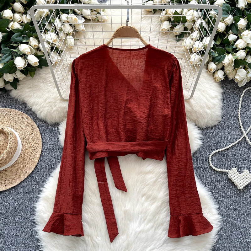 Szexi Vintage V-nyakú, hosszú ujjú kötés Aszimmetrikus virágos alkalmi karcsú, elegáns női koreai utcai ruha tavaszi őszi női blúz