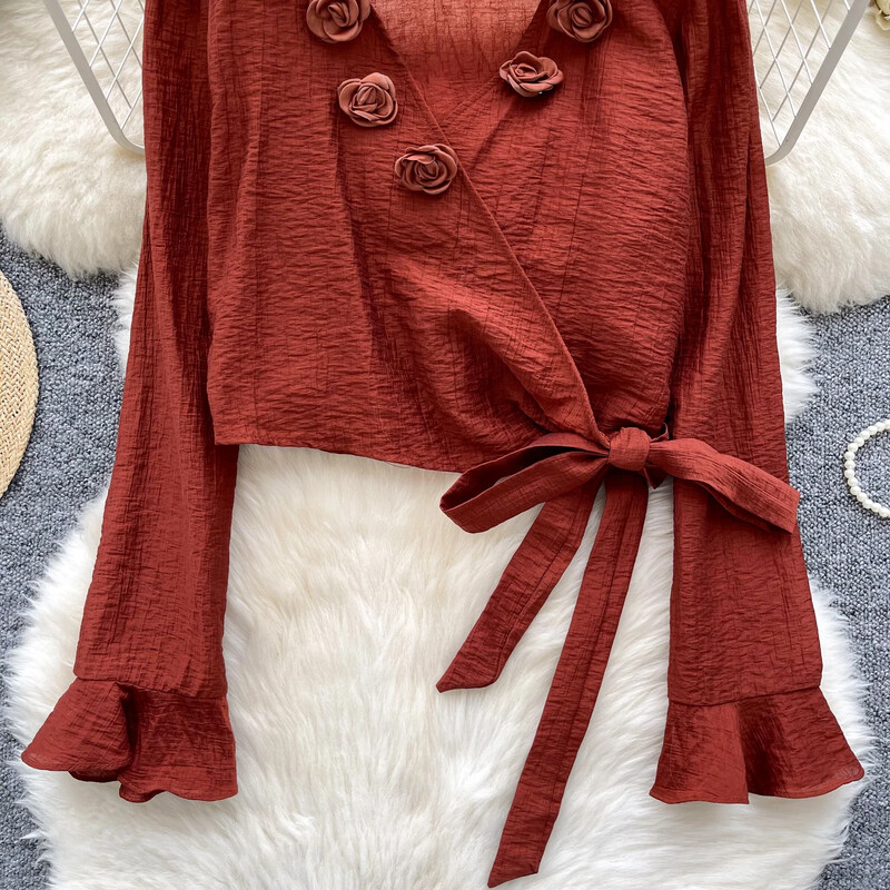 Szexi Vintage V-nyakú, hosszú ujjú kötés Aszimmetrikus virágos alkalmi karcsú, elegáns női koreai utcai ruha tavaszi őszi női blúz