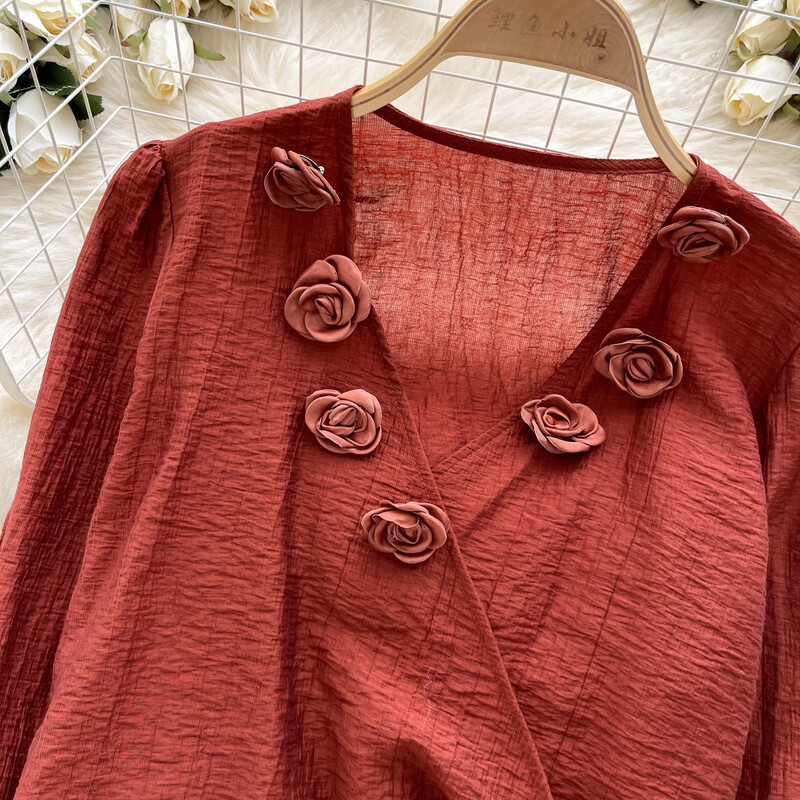 Szexi Vintage V-nyakú, hosszú ujjú kötés Aszimmetrikus virágos alkalmi karcsú, elegáns női koreai utcai ruha tavaszi őszi női blúz