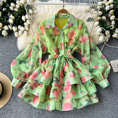 Retro Elegáns Polo Nyakú, fűzős ruha Lámpás Ujj fodros nyomtatás Alkalmi, magas derekú női nyári ruházat A-vonalú ruhák