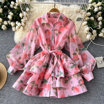 Retro Elegáns Polo Nyakú, fűzős ruha Lámpás Ujj fodros nyomtatás Alkalmi, magas derekú női nyári ruházat A-vonalú ruhák