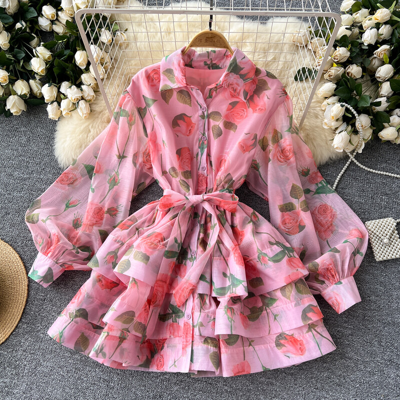 Retro Elegáns Polo Nyakú, fűzős ruha Lámpás Ujj fodros nyomtatás Alkalmi, magas derekú női nyári ruházat A-vonalú ruhák