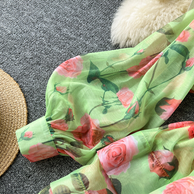 Retro Elegáns Polo Nyakú, fűzős ruha Lámpás Ujj fodros nyomtatás Alkalmi, magas derekú női nyári ruházat A-vonalú ruhák